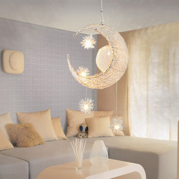 1618916784475.jpg Aluminum Wire Star Moon Chandelier Restaurant Bar Bedroom Warm Lighting Simple Children'S Room Lamps